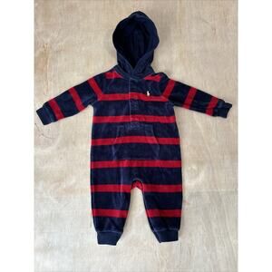 Ralph Lauren Cotton Blend Knit Hooded Jumper One Piece Baby 6M Red Blue Stripes